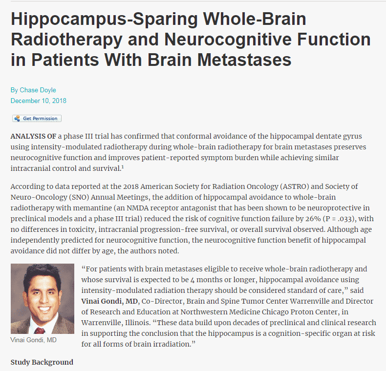 News article about hippocampus-sparing whole brain radiotherapy and neurocognitive function in patients with brain metastases